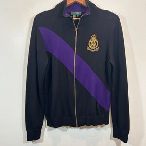 Lauren Ralph Lauren Black Purple Stripe Gold Crest Cotton Zip Up Jacket Sweater